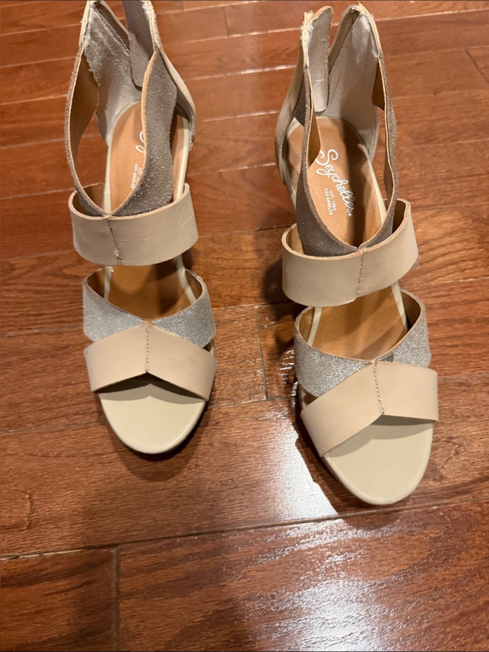 Seychelles Nude and Silver Glitter Strappy Block Heel Sandals